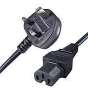 a black UK mains to C15 connector cable with a UK mains plug connector male and a C15 IEC female connector