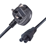 a black UK mains to C5 connector cable with a UK mains plug connector male and a C5 IEC cloverleaf female connector