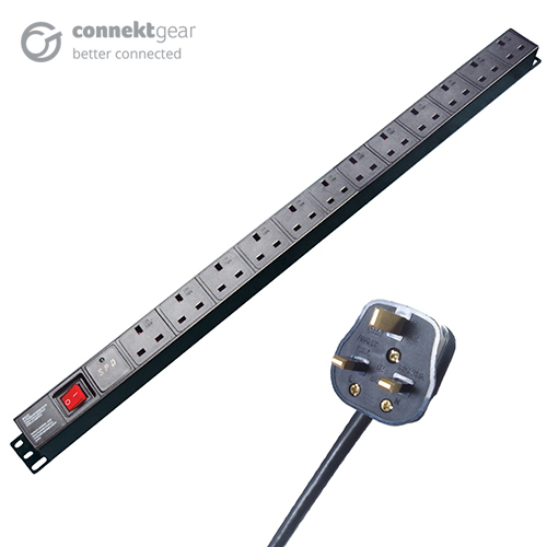 3m 12 Way Surge Protected Vertical Rack Mount Power Extension Block - UK Plug to 12 x UK Sockets