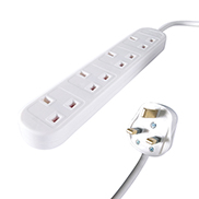 A white uk mains extension cable with a white UK mains male plug connector and four female UK mains sockets housed in a long white plastic brick