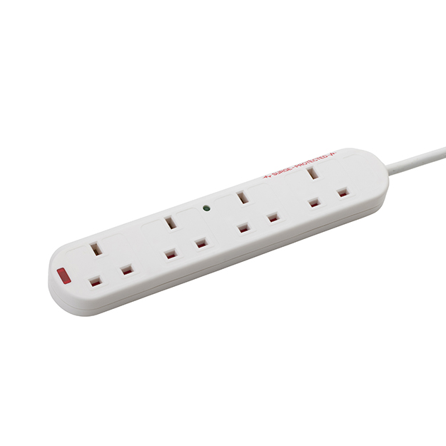 a white uk mains surge protected extension cable with a white UK mains male plug connector and four female UK mains sockets housed in a long white plastic brick