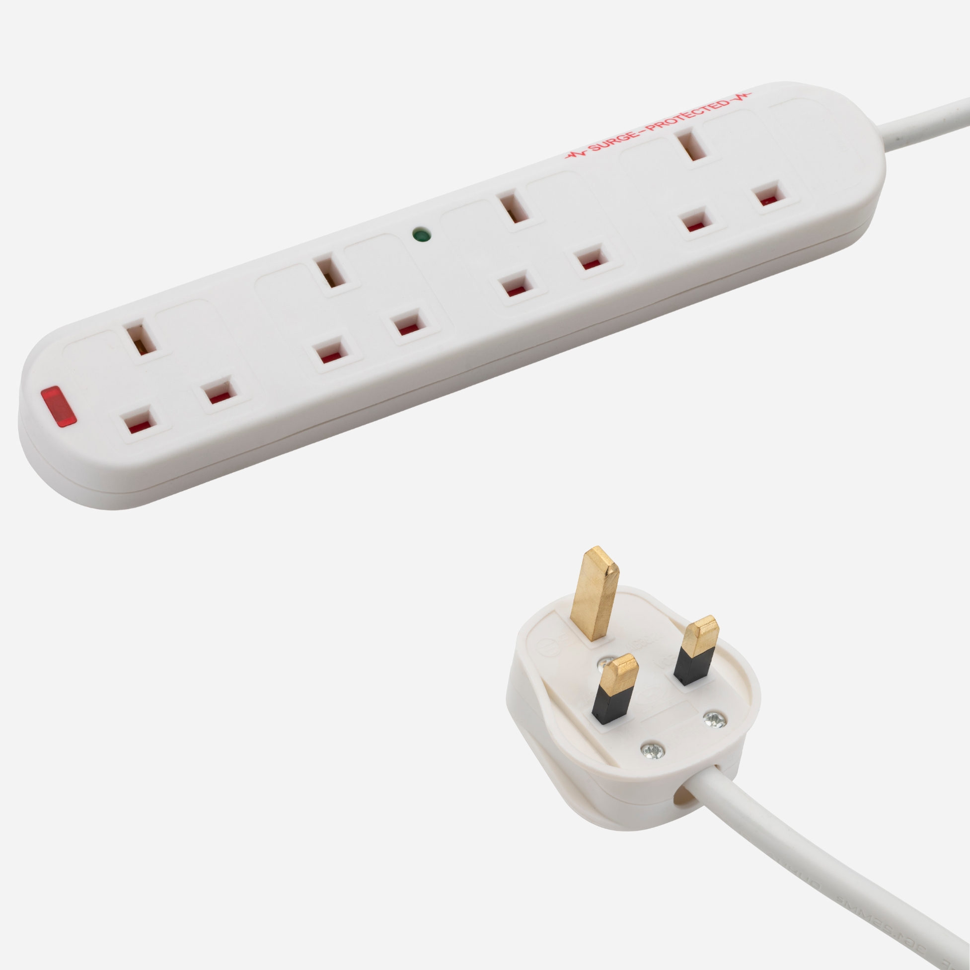 a white uk mains surge protected extension cable with a white UK mains male plug connector and four female UK mains sockets housed in a long white plastic brick