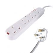 a white uk mains surge protected extension cable with a white UK mains male plug connector and four female UK mains sockets housed in a long white plastic brick