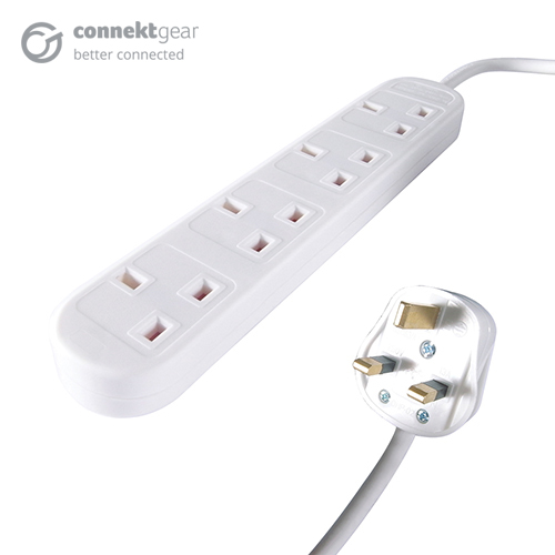 a white UK mains extension cable with a UK mains male plug connector and four female UK mains sockets housed in a long white plastic brick