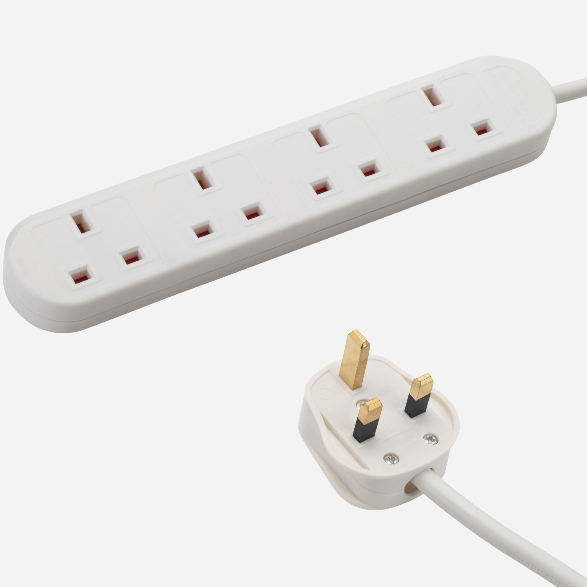 a white UK mains extension cable with a UK mains male plug connector and four female UK mains sockets housed in a long white plastic brick