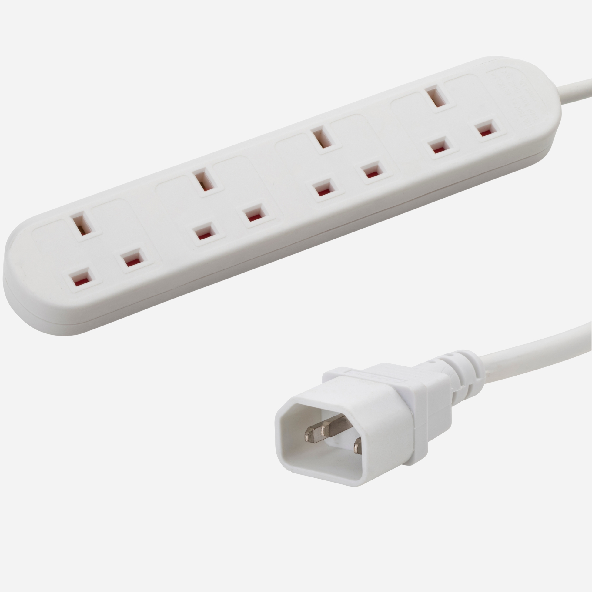 a white c14 to UK mains extension cable with a C14 IEC male white connector and Four female UK mains sockets housed in a long white plastic brick
