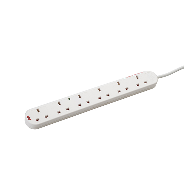 a white UK mains surge protected extension cable with a white UK mains male plug connector and six female UK mains sockets housed in a long white plastic brick
