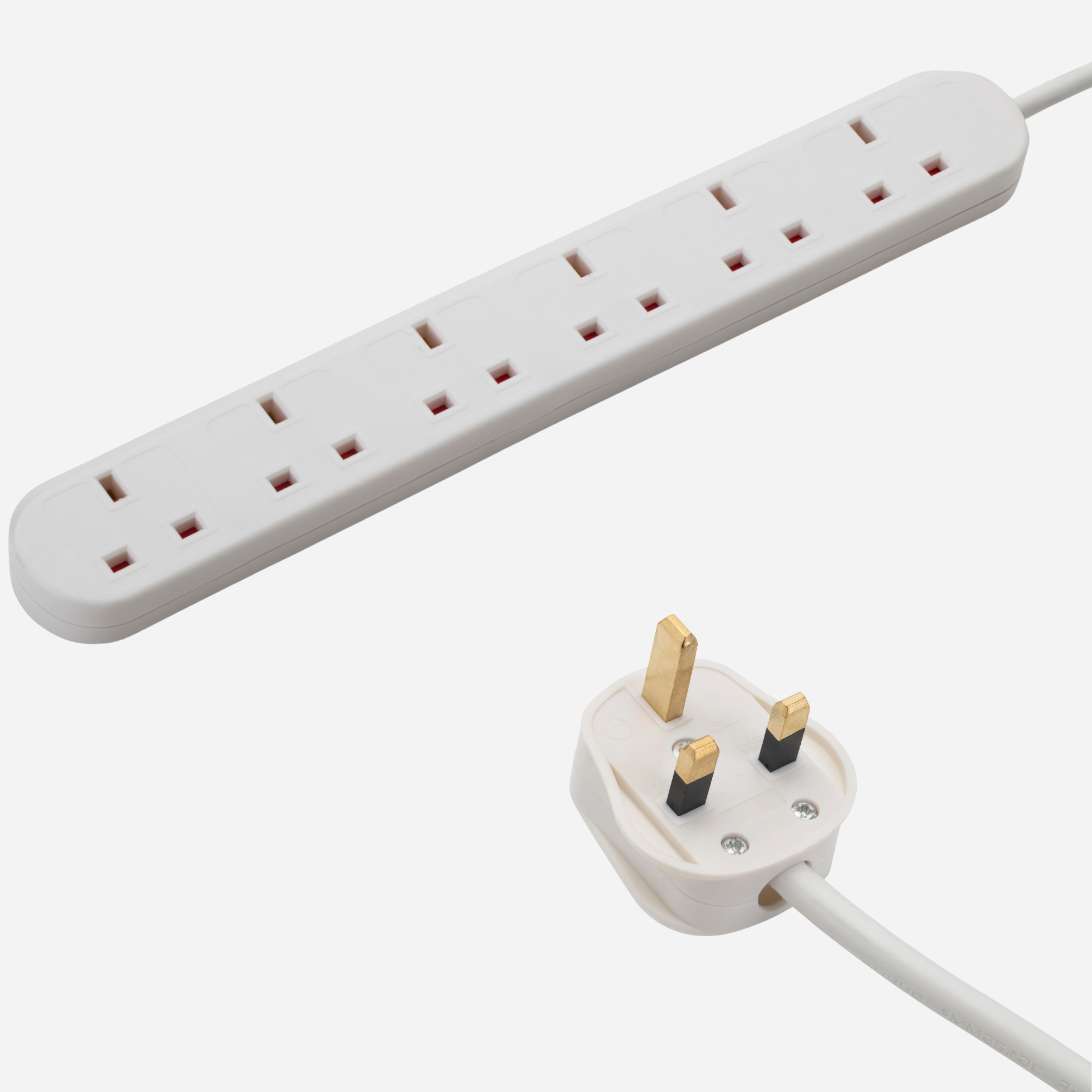 a white UK mains extension cable with a white UK mains male plug connector and six female UK mains sockets housed in a long white plastic brick