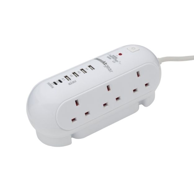2m Desktop 6 Way Surge Protector with 4x USB A 2x USB C & 65W Power Delivery