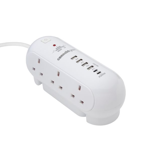 2m Desktop 6 Way Surge Protector with 4x USB A 2x USB C & 65W Power Delivery
