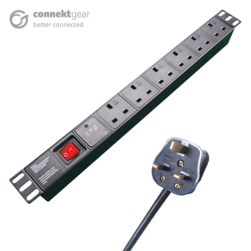 3m 6 Way Surge Protected Horizontal Rack Mount Power Extension Block UK Plug to 6 x UK Sockets