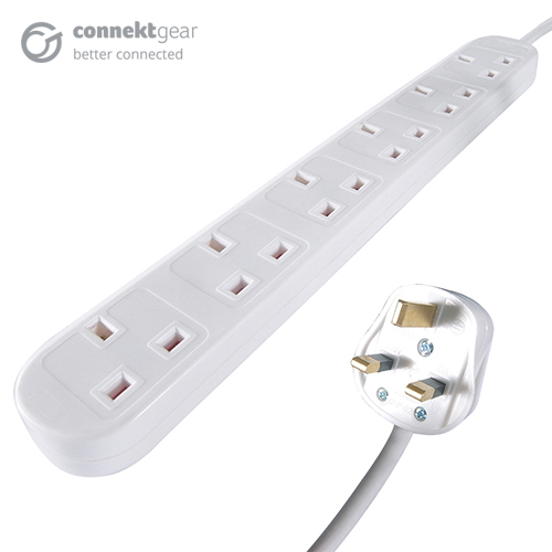 a white UK mains extension cable with a white UK mains male plug connector and six female UK mains sockets housed in a long white plastic brick