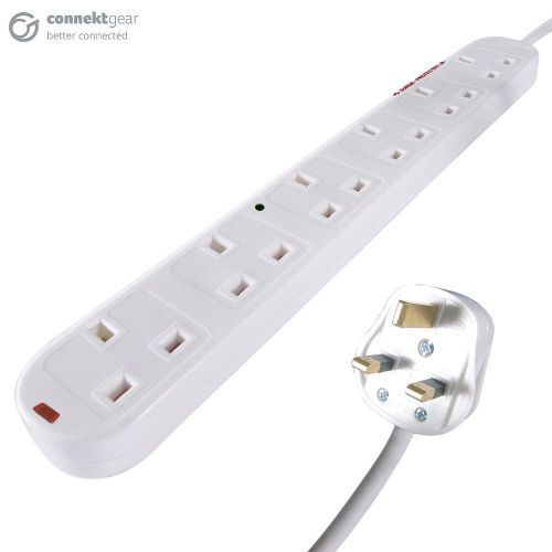 A white UK mains surge protected extension cable with a UK mains male plug connector and six female UK mains plug sockets housed in a long white plastic brick