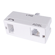 A white ADSL micro filter with a BT male connector port and a BT/RJ11 female port in a white plastic housing