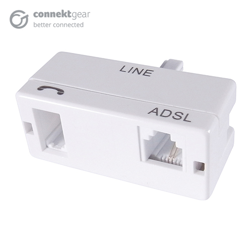 A white ADSL micro filter with a BT male connector port and a BT/RJ11 female port in a white plastic housing
