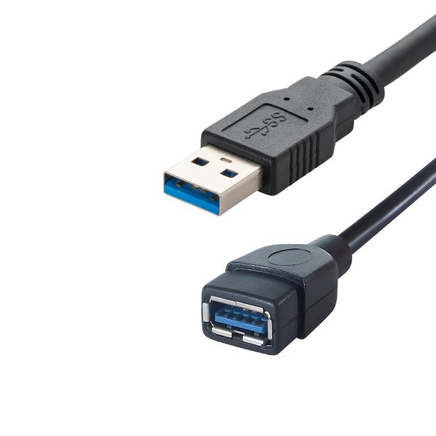 a black USB type A extension cable with a USB type A male connector and a USB type A female port in plastic housing