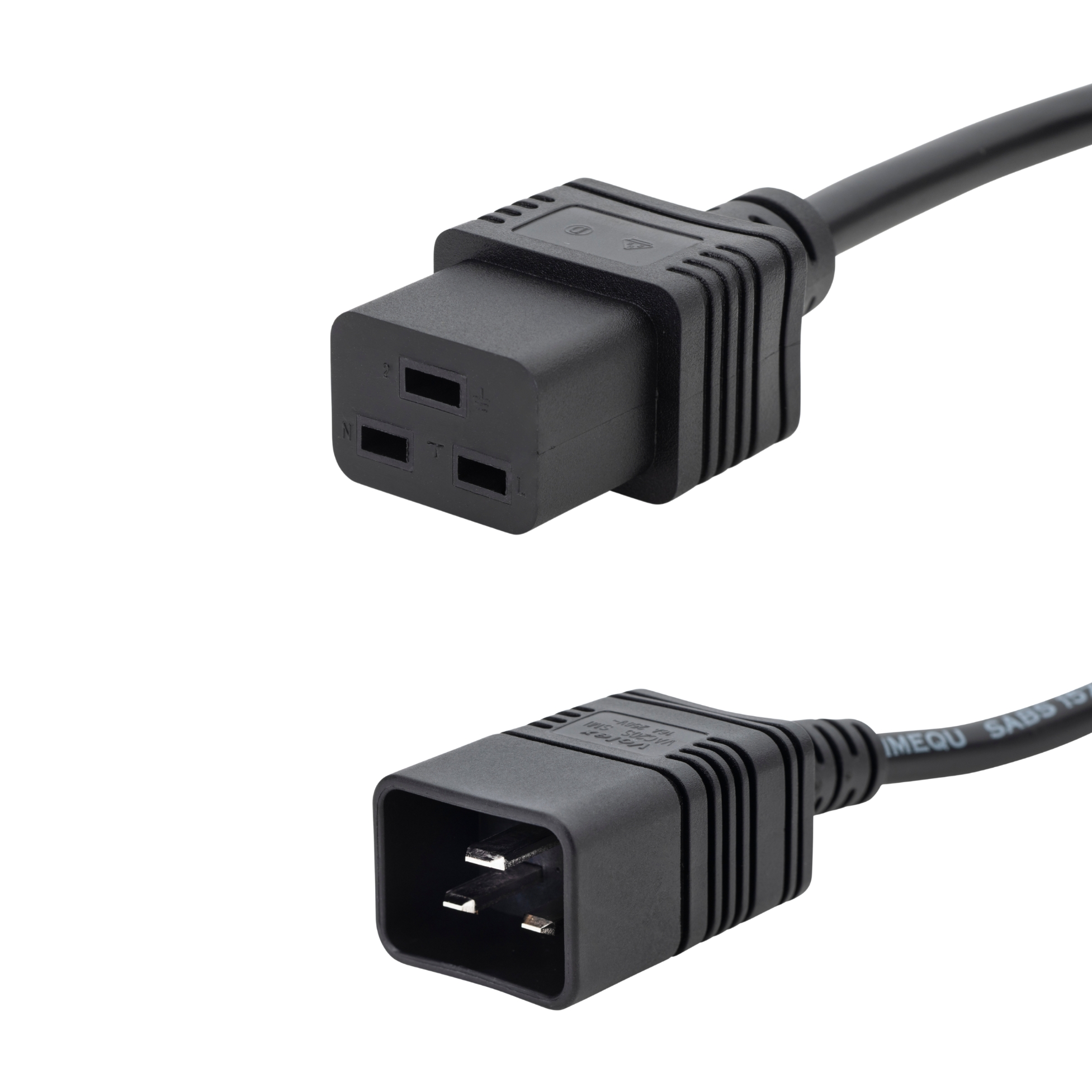 a black C29 to C19 connector cable with a C20 IEC male connector and a C19 IEC female connector