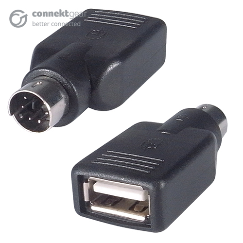 A USB type A female to PS/2 male black adapter in plastic casing