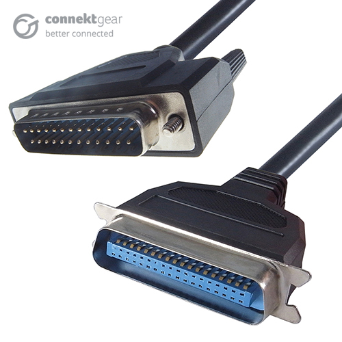 A black parallel centronics printer cable with a DB25M connector and a C36M connector