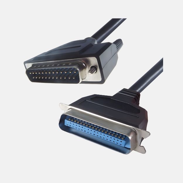 A black parallel centronics printer cable with a DB25M connector and a C36M connector