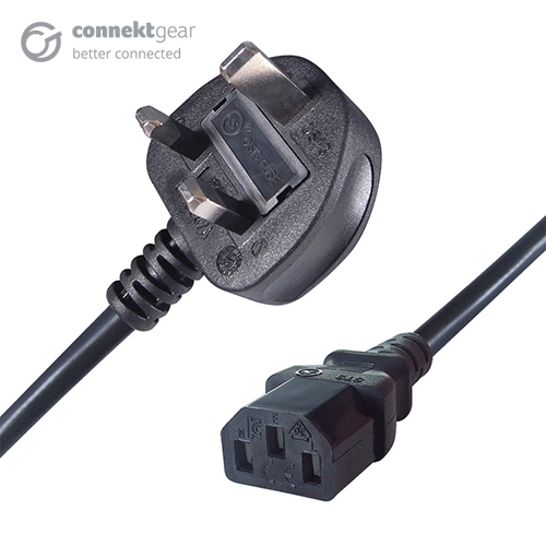 A black uk mains to c13 connector cable with one UK mains male connector and one IEC C13 female connector